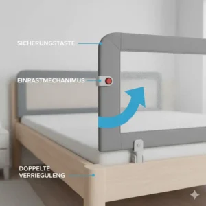 Der sichere Verschlussmechanismus am Bettgitter Kindersicherung Schlafzimmer im Detail.