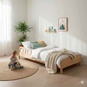 Ein bodennahes Kinderbett aus Holz als ideale bettgitter alternative zum kinderbett.