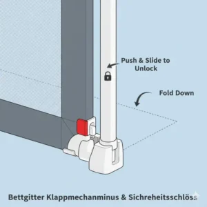 Detailansicht der Verriegelung und Sicherheit eines hochwertigen bettgitter für unruhige kinder.