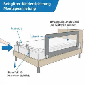 Einfache Montage einer stabilen Halterung für das Bettgitter Kindersicherung Schlafzimmer.