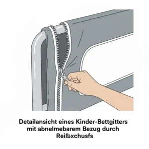Detailansicht vom Reißverschluss am bettgitter waschbarer bezug kinder zum schnellen Abnehmen des Stoffes.