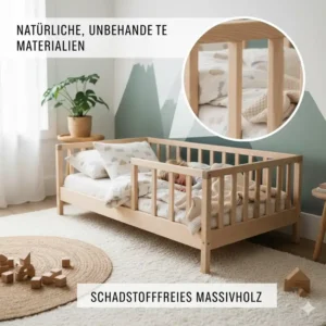 Detailansicht der Holzmaserung an einem Bettgitter für Montessori Bett aus Naturholz.
