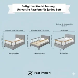 Eine Grafik zeigt die passenden Maße für ein Bettgitter Kindersicherung Schlafzimmer.