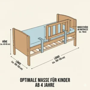 Infografik mit den exakten Maßen und der Höhe für ein bettgitter für kinder ab 4 jahre.