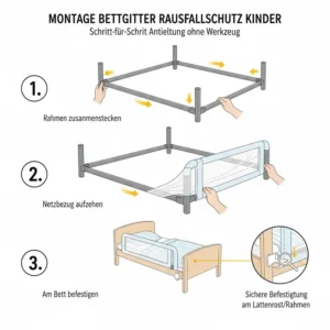 Einfache Schritt-für-Schritt Montageanleitung für das Bettgitter Nachtschutz für Kinder.