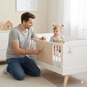 Vater montiert ein sicheres bettgitter schadstofffrei für kinder am Babybett.