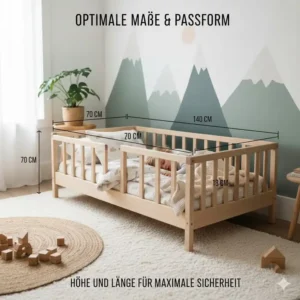 Infografik mit den genauen Maßen für ein passendes Bettgitter für Montessori Bett.