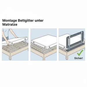 Schritt-für-Schritt Illustration zur Montage von einem bettgitter für unruhige kinder unter der Matratze.