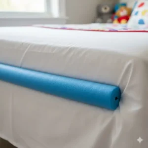 Kreativer Poolnudel-Hack unter dem Laken als günstige bettgitter alternative zum kinderbett.