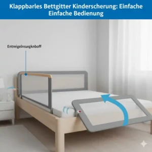 Illustration der praktischen Klappfunktion beim Bettgitter Kindersicherung Schlafzimmer.
