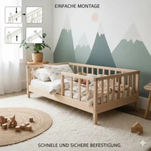 Schritt-für-Schritt Darstellung der Montage vom Bettgitter für Montessori Bett.