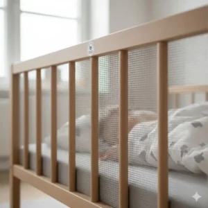 Atmungsaktives Gewebe an einem bettgitter schadstofffrei für kinder für optimale Luftzirkulation.