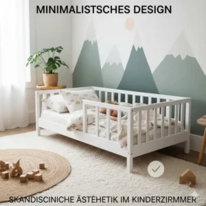 Modernes und minimalistisches Bettgitter für Montessori Bett in weißer Farbe.