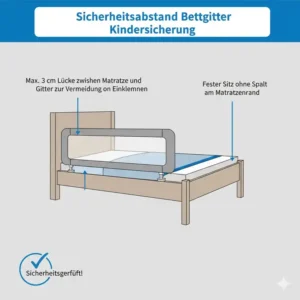 Technische Zeichnung zur Vermeidung von Lücken am Bettgitter Kindersicherung Schlafzimmer.