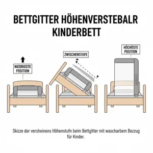 Skizze der verschiedenen Höhenstufen, die das bettgitter waschbarer bezug kinder flexibel einstellbar machen.