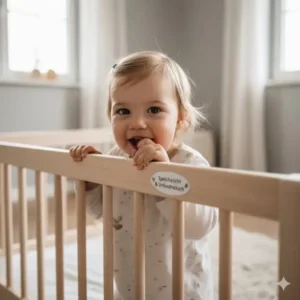 Kleinkind spielt sicher an einem speichelechten bettgitter schadstofffrei für kinder.