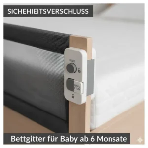 Detailansicht vom Sicherheitsverschluss: bettgitter für baby ab 6 monate mit Kindersicherung.