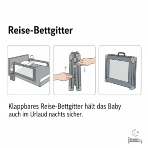 Auch unterwegs im Urlaub hält das faltbare bettgitter baby sicher nachts das Kind im Bett.