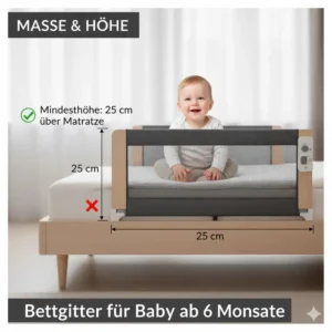 Infografik zur optimalen Höhe für ein bettgitter für baby ab 6 monate auf der Matratze.
