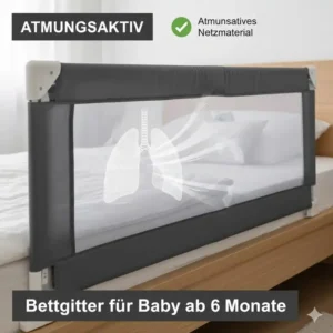 Atmungsaktives Mesh-Material an einem modernen bettgitter für baby ab 6 monate.