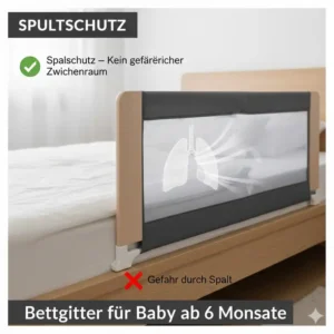 Sicherheitshinweis zum Spaltschutz beim bettgitter für baby ab 6 monate zur Vermeidung von Lücken.