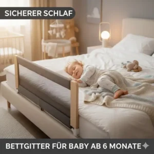 Ein Baby schläft sicher und geborgen dank dem bettgitter für baby ab 6 monate im großen Bett.