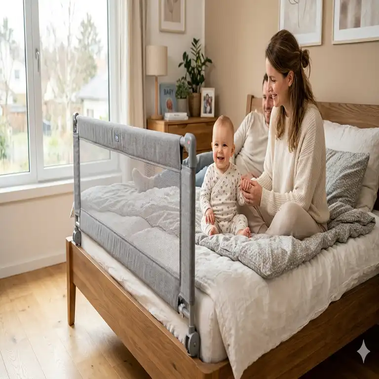 Sicherheitsschutz durch ein bettgitter baby elternbett im Schlafzimmer.