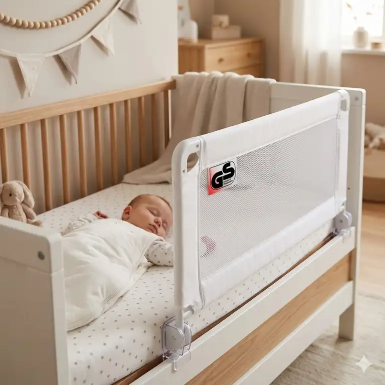 Ein montiertes bettgitter baby geprüfte sicherheit an einem weißen Holzbett für maximale Schlafplatzsicherheit.