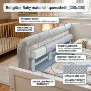 Detailansicht der hochwertigen Materialien bei unserem bettgitter baby weich gepolstert.
