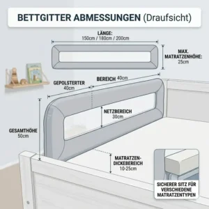 Übersicht der Maße und Einstellmöglichkeiten für das bettgitter baby weich gepolstert.