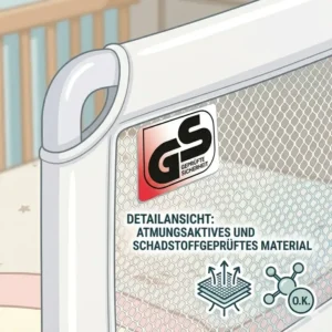 Das atmungsaktive Netzgewebe von einem bettgitter baby geprüfte sicherheit ist schadstoffgeprüft und sicher.
