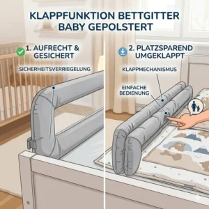Praktische Klappfunktion und einfache Handhabung vom bettgitter baby weich gepolstert.