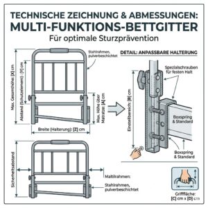 Technische Zeichnung und Abmessungen für ein normgerechtes bettgitter für senioren mit sturzrisiko.