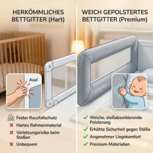 Direkter Vergleich zwischen herkömmlichem Schutz und unserem bettgitter baby weich gepolstert.