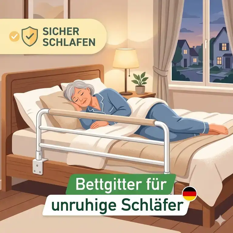 Eine seniore Frau schläft sicher im Bett, geschützt durch ein weißes bettgitter für unruhige schläfer mit Holzoptik.