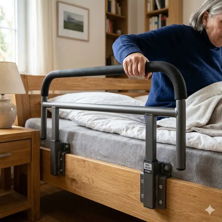 Ein robustes bettgitter stabil für schwere personen an einem Seniorenbett montiert.