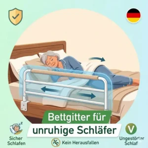 Vektorgrafik zeigt eine schlafende Person, Pfeile für Bewegung und Symbole für Sicherheit durch ein bettgitter für unruhige schläfer.