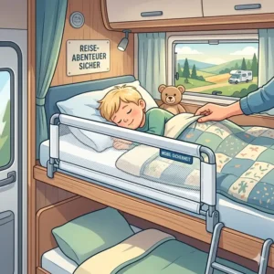 A detailed view of an upper bunk in a German RV with a bettgitter für wohnmobil bett and a teddy bear.
