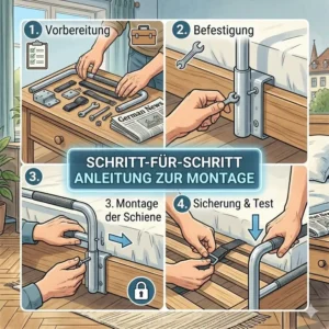 Grafische Anleitung zur Montage einer Aufstehhilfe am Bettrahmen zur Hilfe beim Aufstehen.
