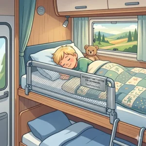 A focused close-up on the mesh bettgitter für wohnmobil bett securing a child and teddy bear.