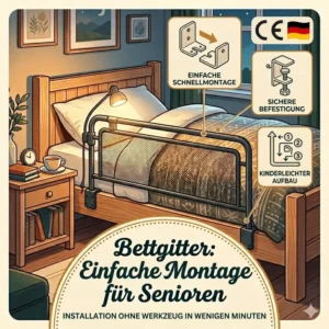 Infografik zur einfachen Montage für das bettgitter nachtsicherheit senioren ohne Werkzeug.