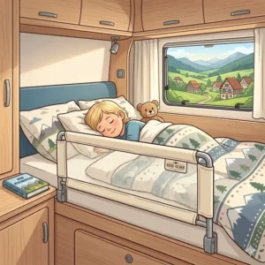 An illustration of a child sleeping safely in a bunk bed with a robust bettgitter für wohnmobil bett in Germany.
