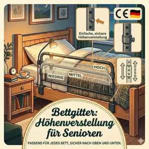 Eine Grafik, die ein höhenverstellbares bettgitter nachtsicherheit senioren im Einsatz zeigt.