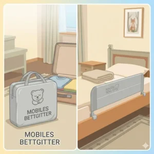 Darstellung der universellen Passform, die zeigt, wie ein Bettgitter für Hotelzimmer Kinder auf verschiedene Betten passt.