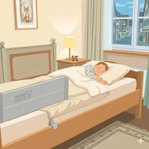 Ein glückliches Kleinkind, das dank dem installierten Bettgitter für Hotelzimmer Kinder ruhig und entspannt schläft.