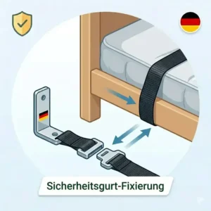Detailansicht der Befestigung des bettgitter für unruhige schläfer mit einem schwarzen Sicherheitsgurt und Metallschnalle.