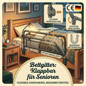 Illustration eines herunterklappbaren bettgitter nachtsicherheit senioren für flexiblen Einstieg.