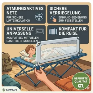 Ein sicheres bettgitter für campingbett kinder als Rausfallschutz für Kleinkinder im Zelt.