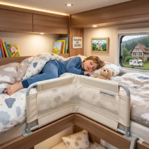 A detailed close-up illustration of the metal and mesh bettgitter für wohnmobil bett on an RV bunk.