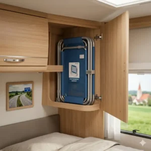 A 3D illustration showing a folded bettgitter für wohnmobil bett stored away compactly in an RV cabinet.